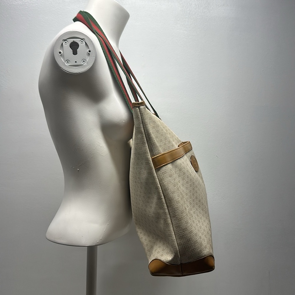 Gucci Signature East West Tote Shoulder Bag Purse Vintage 1980's Cream Tan Red - Picture 5 of 16